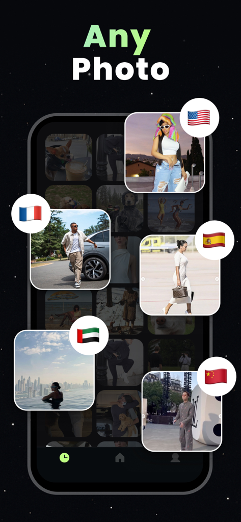 Pinzy: Photo Location Finder - A mobile app interface titled Any Photo showing images tagged with national flags from around the world