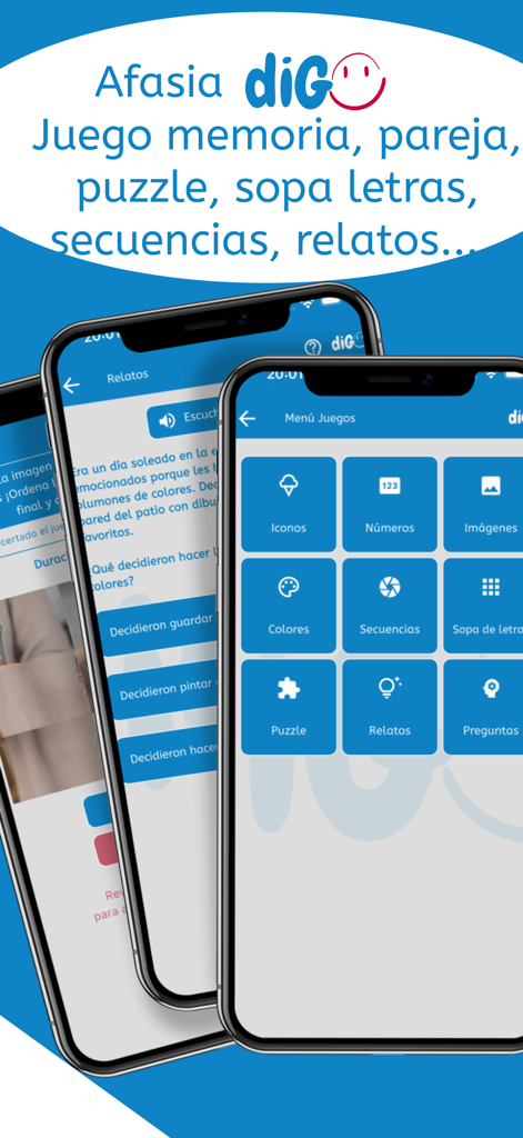 AFASIA diGO - Interfaz de la app móvil AFASIA diGO mostrando varias categorías de juegos cognitivos como rompecabezas, búsqueda de palabras y ejercicios de memoria para logopedia.