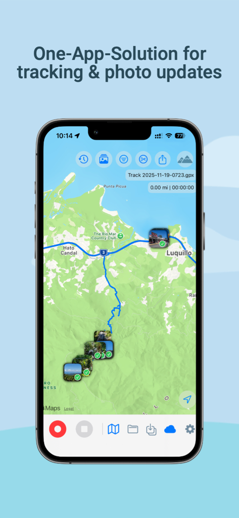 iPhone screenshot of GPX PhotoGraph app showing a blue GPS track and multiple photos pinned to locations on a topographical map