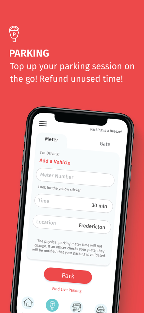 HotSpot Parking Transit Taxis - Tela do aplicativo móvel HotSpot para iniciar uma sessão de parquímetro com opções para adicionar tempo e reembolsar o tempo não utilizado.