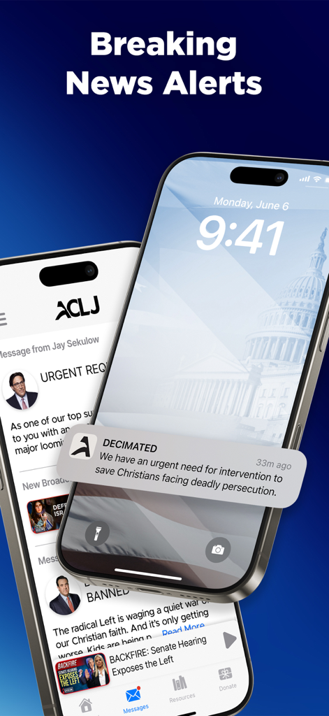 ACLJ - ACLJ app displaying breaking news alerts and push notifications on iPhone
