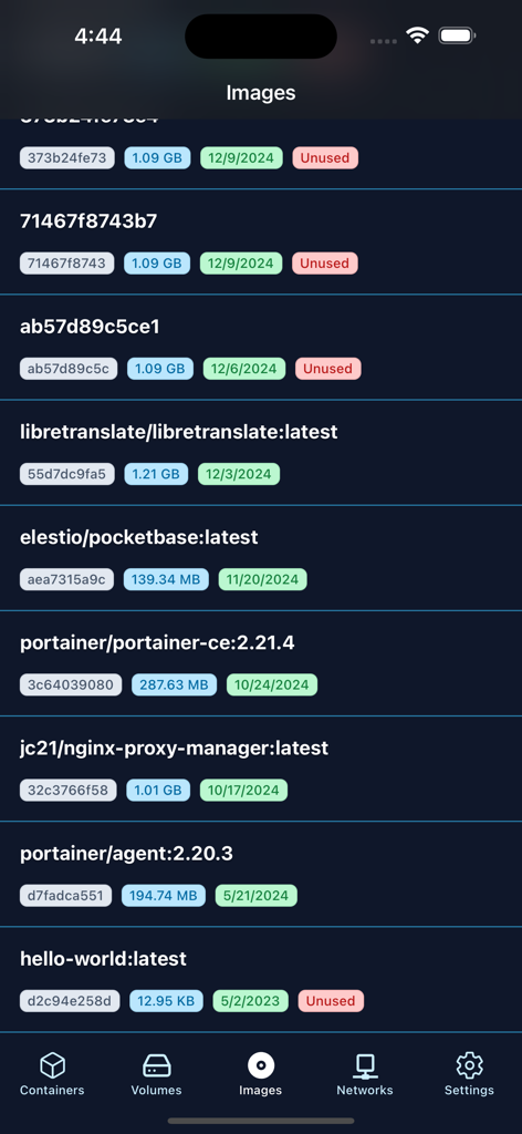 Mobile interface showing a list of Docker images in the Pourtainer app