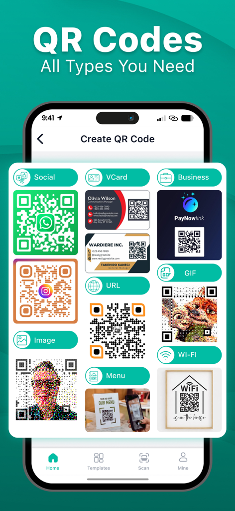 QR Code Reader & Scanner Pro - Schermata di un'app mobile che mostra diverse categorie e modelli per creare codici QR personalizzati
