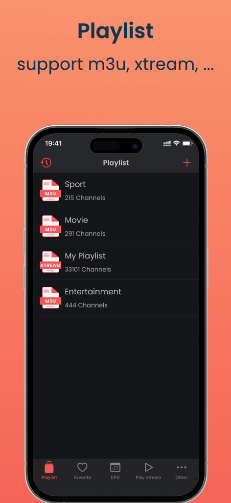 Interfaccia di IPTV Player Pro che mostra playlist organizzate per sport, film e intrattenimento con supporto per codici m3u e xtream