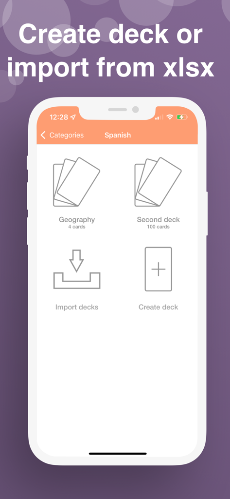 Mobile app interface showing options to create a flashcard deck or import from an Excel file.