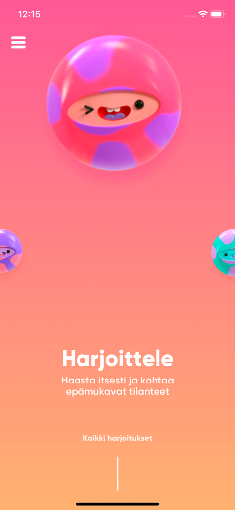 Chillaa - Chillaa app interface showing the practice section with a friendly round character and Finnish text about facing uncomfortable situations