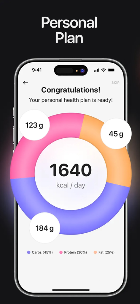 Interface do aplicativo Calorie AI exibindo um plano de saúde personalizado com metas diárias de calorias e detalhamento de macros para carboidratos, proteínas e gorduras.