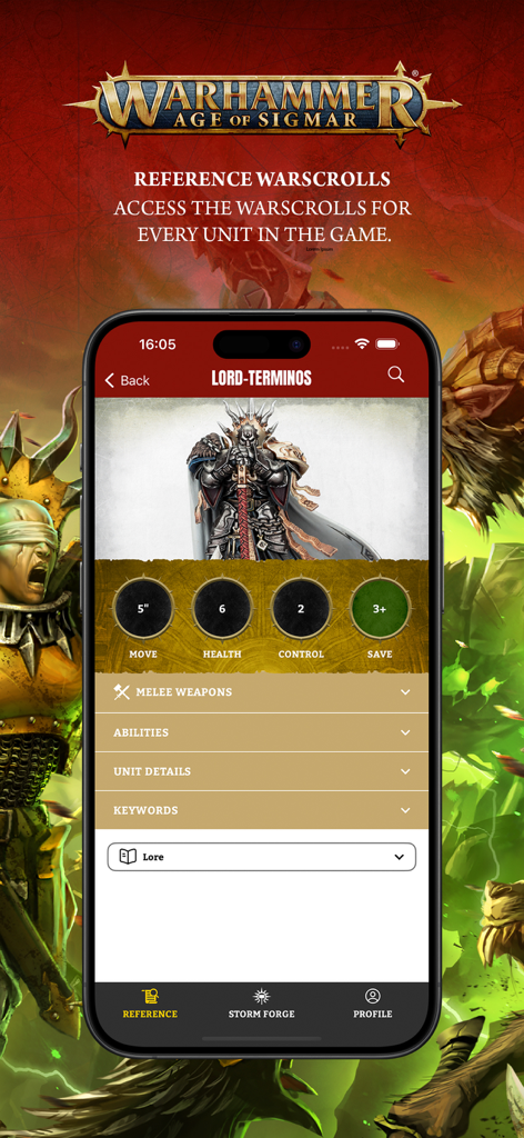 Warhammer Age of Sigmar app displaying a unit warscroll for Lord-Terminos with game stats.
