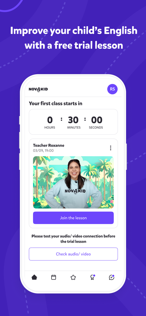 NOVAKID English school - Novakid app interface showing a countdown to a free trial English lesson with a native teacher