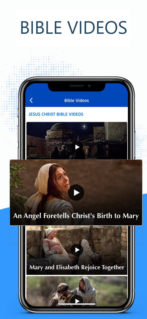 Screenshot of the Bible videos feature in the Spanish Bible app showing religious stories.
