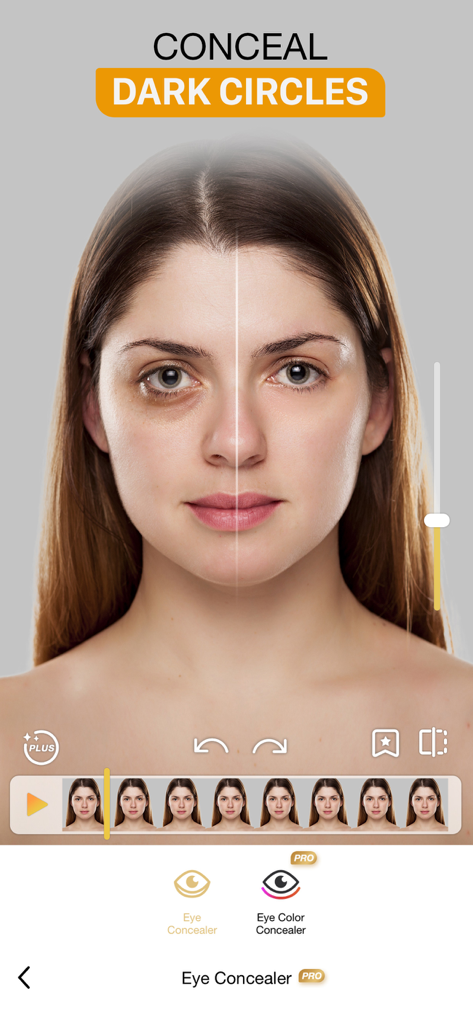 Perfect365 Videoエディターアプリの目の下のクマを隠すツールを示す分割画面比較