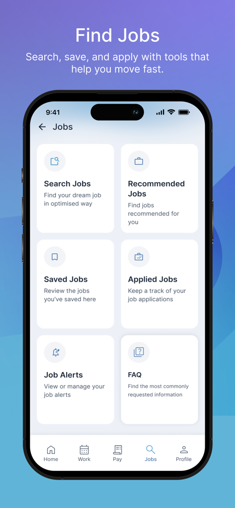 My Manpower – Job Search - My Manpower app interface showing the Find Jobs screen with options for search, recommended, and saved jobs