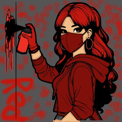 realistic girl with mask spray painting a wall