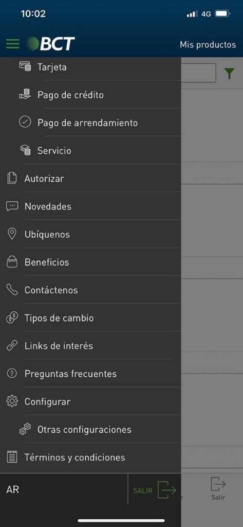 Enlace BCT Mi banco en mi mano - Enlace BCT mobile banking app side navigation menu showing payment and service options