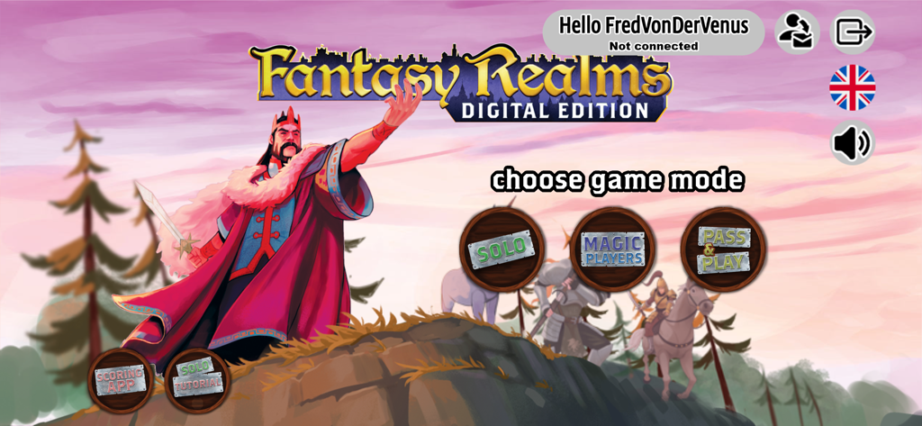 Fantasy Realms by WizKids - Fantasy Realms Digital Edition main menu screen showing game mode selections and fantasy artwork.