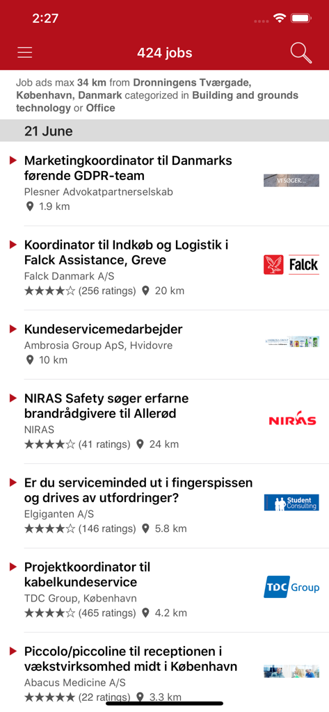 Jobindex: Søg job og arbejde - A list of diverse job postings on the Jobindex mobile app showing roles like marketing coordinator and project coordinator in Denmark