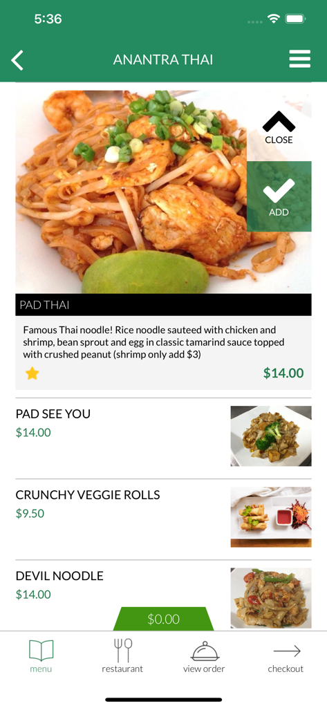 Anantra Thai mobile app menu screen featuring Pad Thai and other noodle dishes