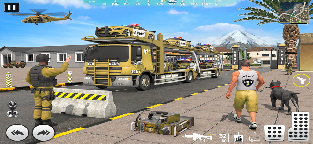 Military Vehicle Transport Sim - A yellow army truck transporting cars on a military base.