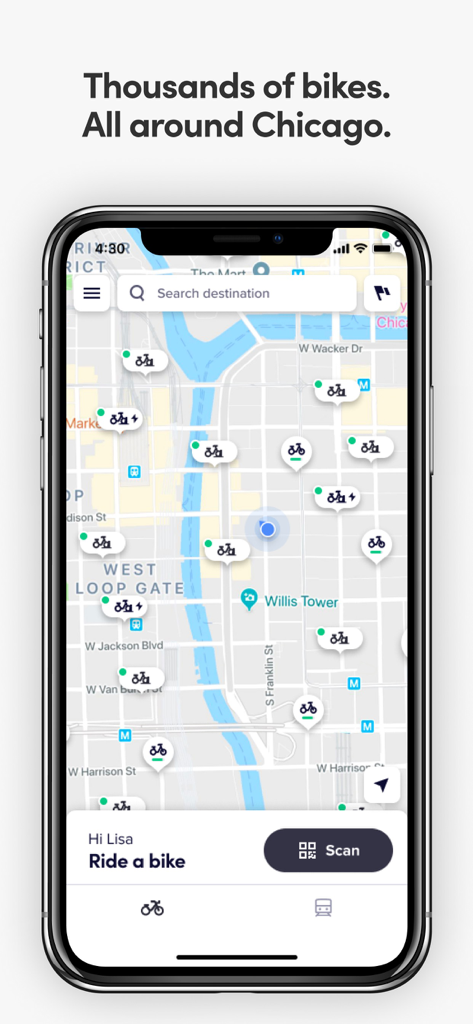 Divvy Bikes - Divvy Bikes app map showing available bike locations across downtown Chicago