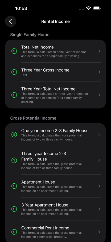 Finance Formulator - Menú de cálculo de ingresos por alquiler en la aplicación Finance Pro que muestra fórmulas para casas unifamiliares y edificios de apartamentos