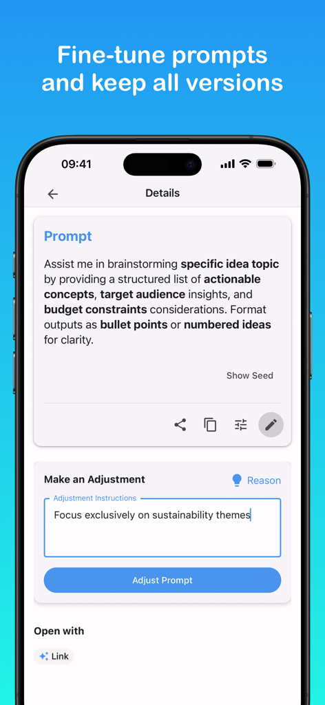 Prompt Tool - Interface of the Prompt Tool app showing how to fine-tune and adjust AI prompts for better results.
