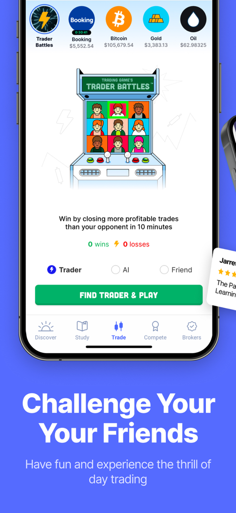 Interface of the Trading Game app showing the Trader Battles mode where users can challenge friends or AI in simulated trading