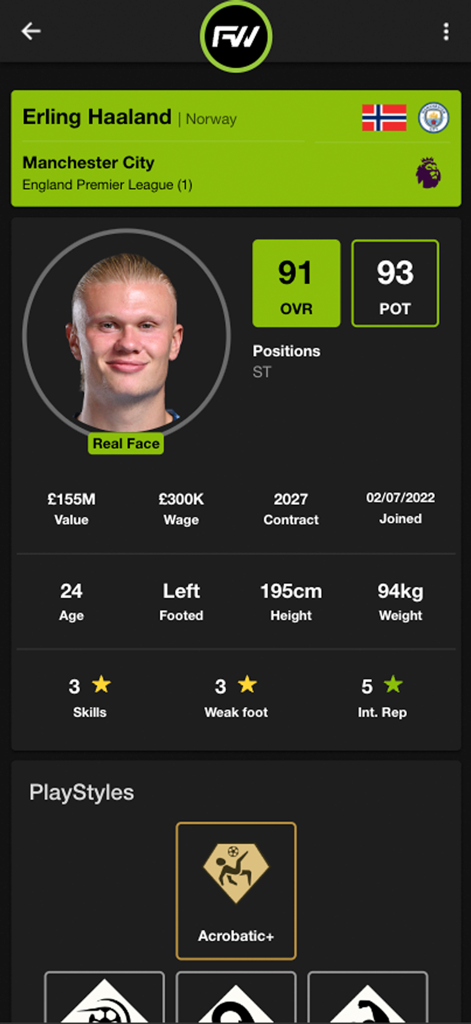 FUTWIZ Career Mode - Estadísticas de jugador de Erling Haaland y valoración potencial en la aplicación Modo Carrera FUTWIZ