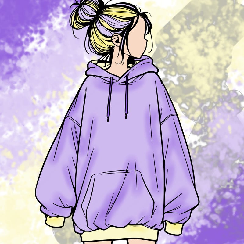 realistic girl with a oversized sweatshirt on and a bun