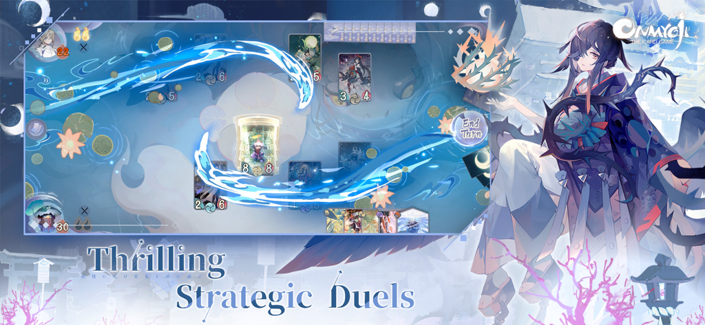 Jugabilidad de Onmyoji The Card Game que muestra un duelo estratégico con arte de fantasía japonesa