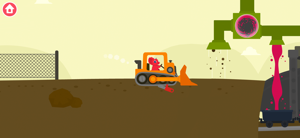 Un piccolo dinosauro rosso guida un bulldozer arancione in una scena di costruzione e miniera a cartoni animati per bambini.