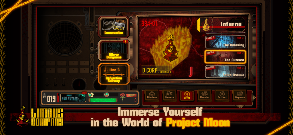 Interface de sélection de mission de Limbus Company présentant les chapitres d'histoire et les modes de jeu tels que les Donjons Miroirs.