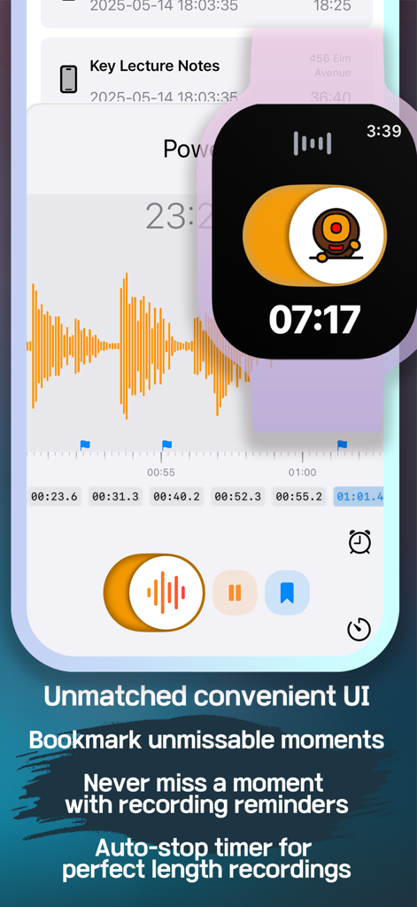 EZRecorder: One-Tap Recording - Interfaz de la aplicación EZRecorder que muestra una forma de onda de audio con marcadores y la pantalla de grabación de Apple Watch.