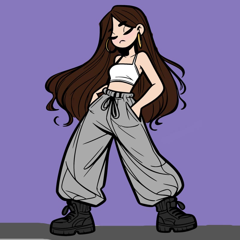 girl in baggy pants crop top and long hair