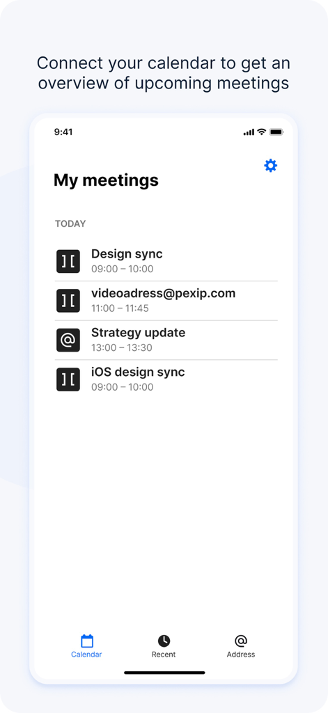Pexip - Pexipアプリのインターフェース。その日の今後のビジネス会議の概要を表示。
