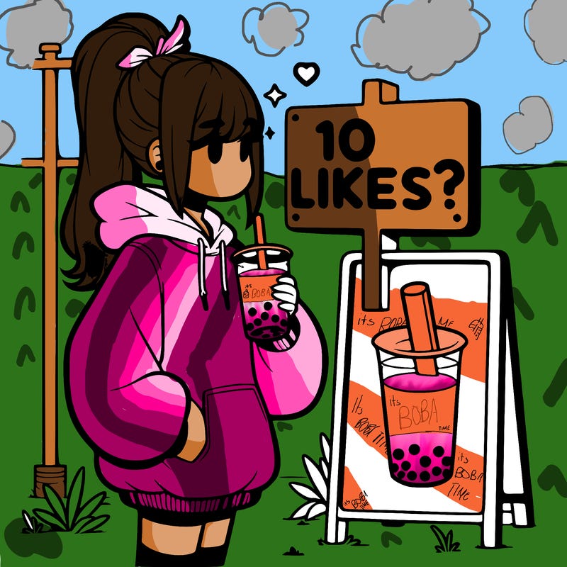 girl with oversized hoodie drinking boba and she has a high ponytail with a sign that says 10likes?