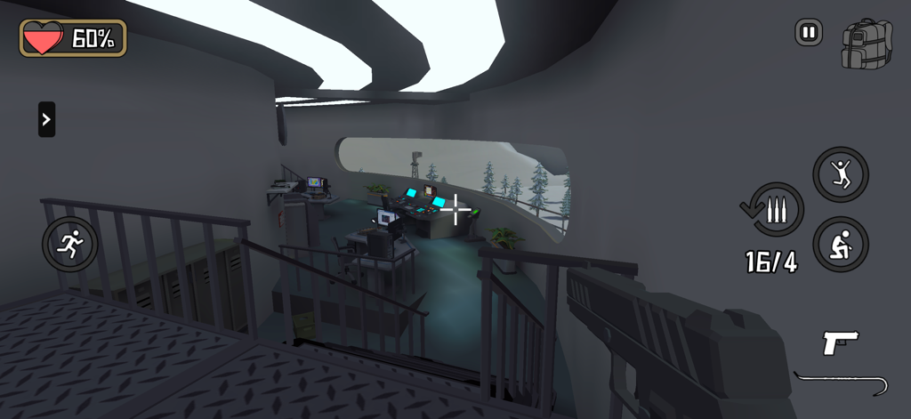 Bunker 24: Survival Story Game - First-person shooter gameplay inside a bunker control room with stylized 3D graphics