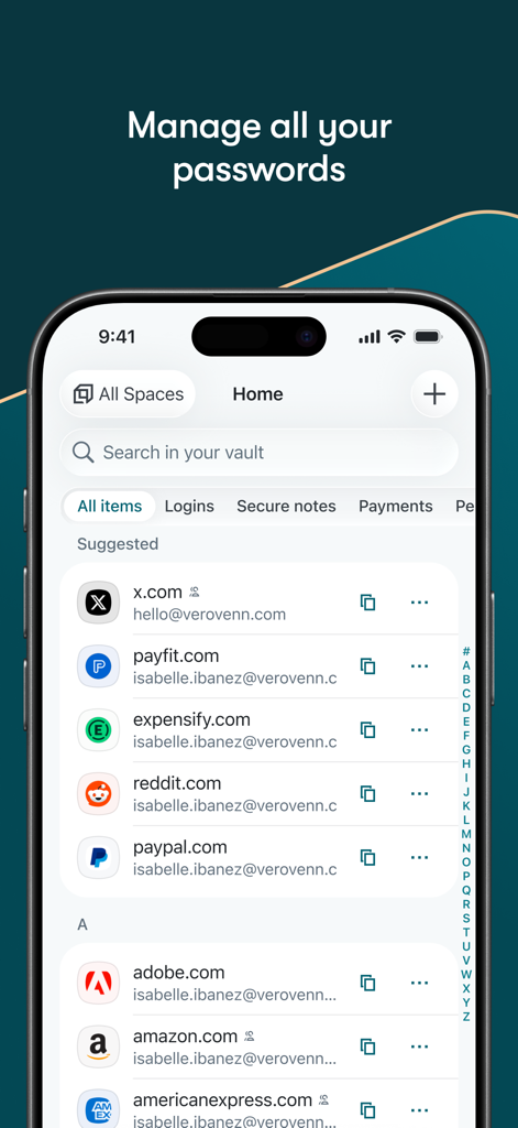 Dashlane mobile app interface showing a list of saved website passwords in a secure digital vault