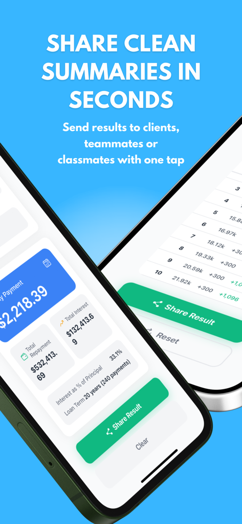 Compound Interest Calculator # - Two iPhones showing the sharing feature of the compound interest calculator app with clear financial summaries