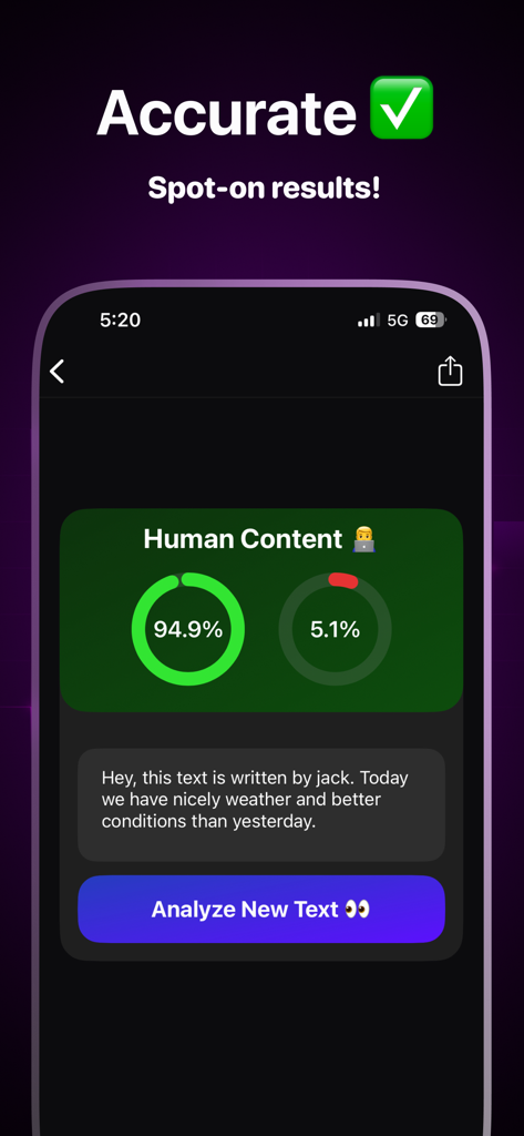 Interfaz de la aplicación AI Detector mostrando un resultado con una puntuación de contenido humano del noventa y cuatro punto nueve por ciento.
