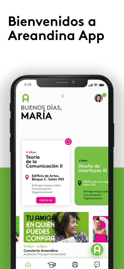 Areandina APP - Areandina app home screen showing a personalized student dashboard with a class schedule and university events