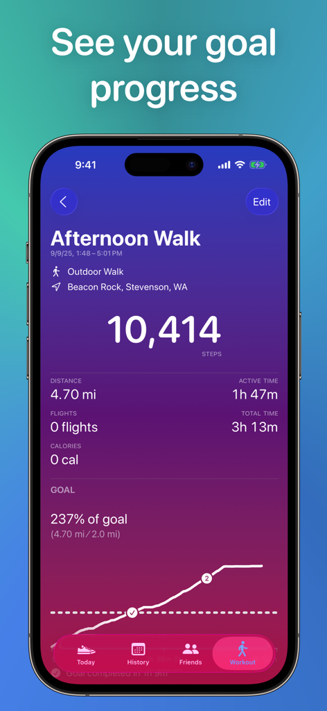 Steps app interface showing 10,414 steps and activity goal progress.