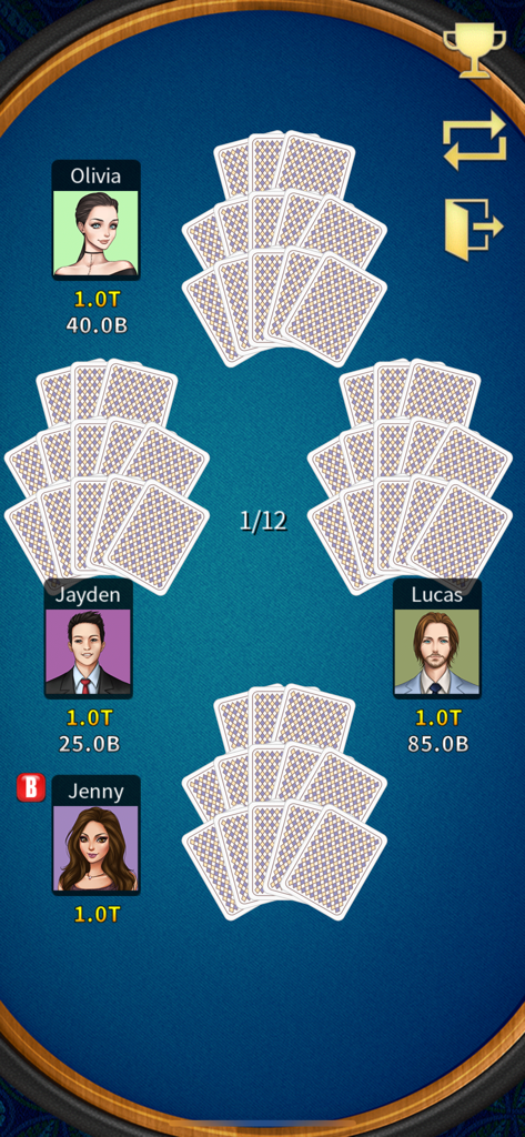 Gameplay screenshot of Chinese Poker Offline KK Pusoy showing four players with 13 cards each at a virtual table.