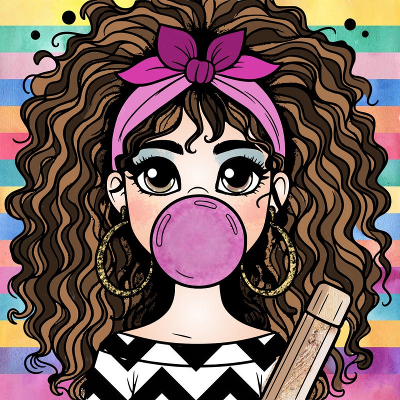 a girl with curly hair blowing a bubble with bubble gum and with big hoop earrings