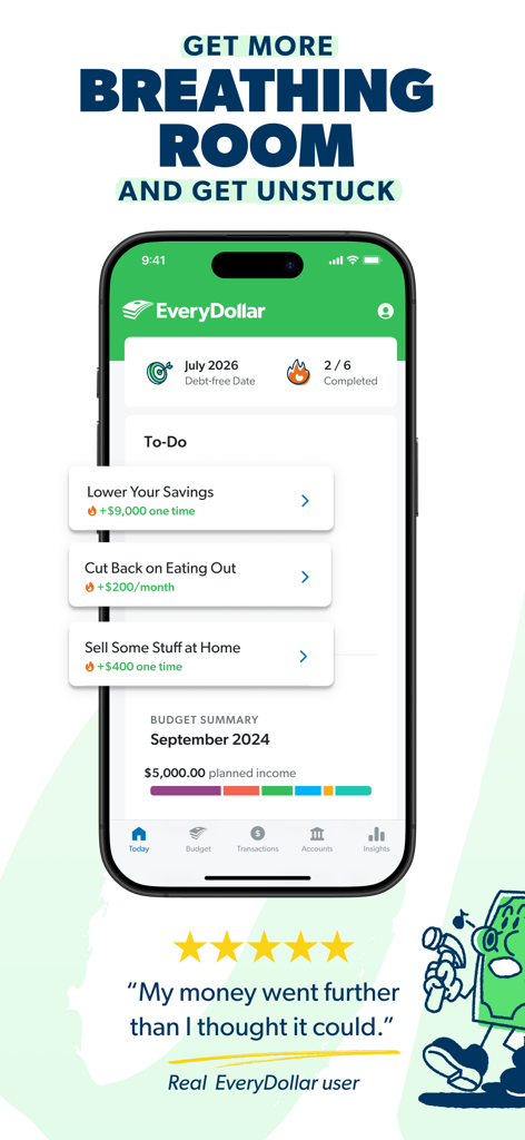 Interfaz de la aplicación de presupuesto EveryDollar que muestra consejos para encontrar margen financiero y un testimonio de usuario