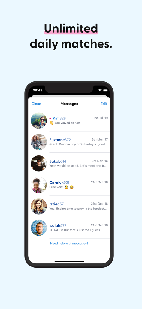 Christian Dating Connection app interface showing a list of messages from different users