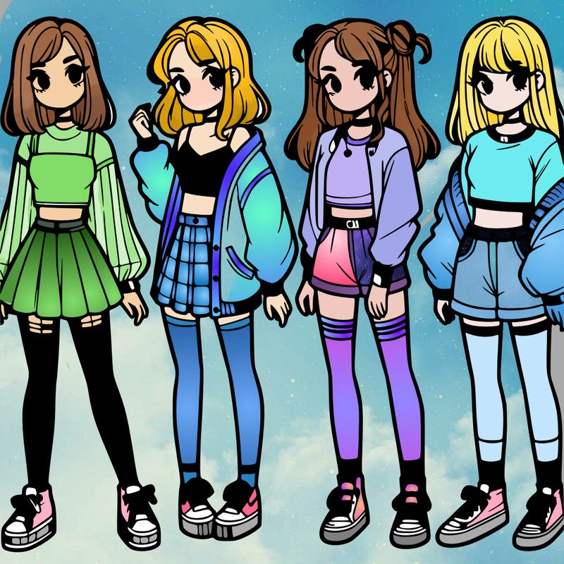 one girl with crop-top shirt and a jacket with a skirt, long socks and another girl with a shirt and pants with a jacket