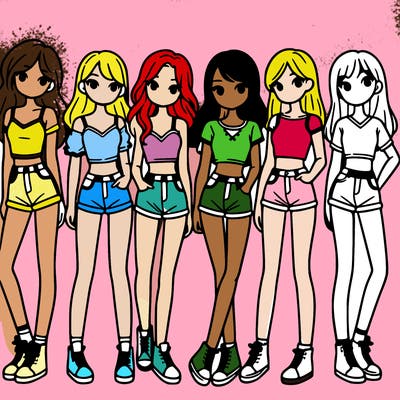 a group of girls wearing crop tops and shorts