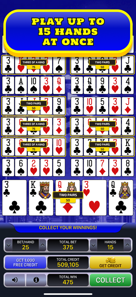 同時に15ハンドがプレイされ、勝利したハンドがハイライトされているアメリカンビデオポーカーのゲーム画面