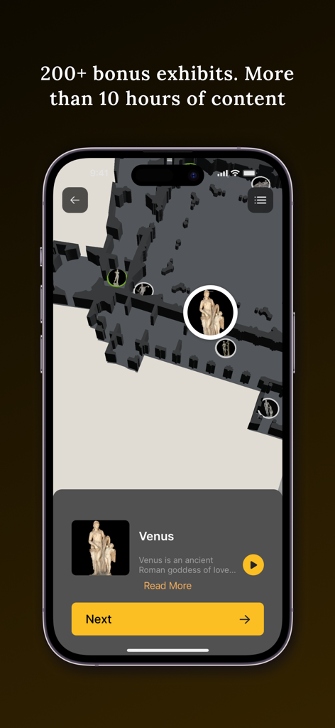 Smartphone screen showing an interactive 3D map and Venus exhibit details within the Vatican Museums audioguide app.