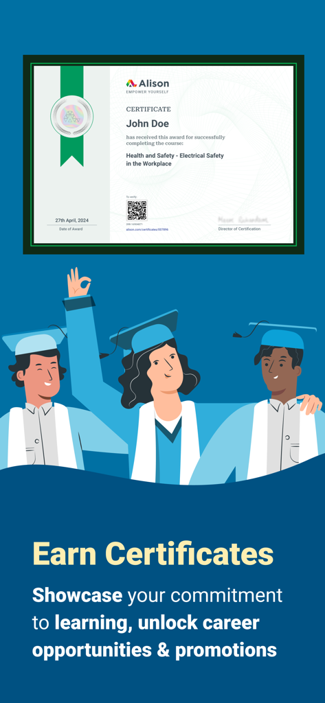 Alison app screen displaying a digital certificate and graduates celebrating career advancement